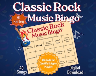 Klasyczne rockowe bingo | Gry urodzinowe dla gości | Gra na wieczór kawalerski/panieński dla dorosłych | Bingo muzyczne do pobrania | Gra alkoholowa | 30 graczy