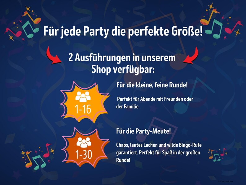 May include: A dark blue informational graphic featuring colourful musical notes and confetti. The text reads: F&uuml;r jede Party die perfekte Gr&ouml;&szlig;e! 2 Ausf&uuml;hrungen in unserem Shop verf&uuml;gbar: F&uuml;r die kleine, feine Runde! 1-16. F&uuml;r die Party-Meute! 1-30.