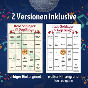 Italo Schlager & Pop Bingo mit zwei Versionen zum Ausdrucken: farbiges Design oder Schwarz-Weiß für sparsamen Druck. Enthält 30 unterschiedliche Bingo-Karten mit Klassikern wie L’Italiano, Felicità oder Gloria. Digitaler Sofort-Download mit Anleitung, Playlist und QR-Codes für Spotify & Apple Music. Ideal für Partys, Geburtstage und gesellige Abende.