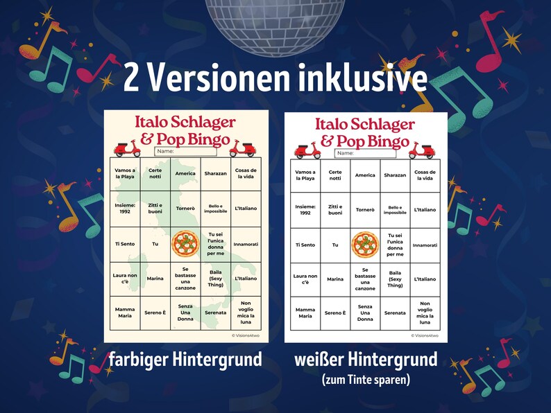 Italo Schlager & Pop Bingo mit zwei Versionen zum Ausdrucken: farbiges Design oder Schwarz-Weiß für sparsamen Druck. Enthält 30 unterschiedliche Bingo-Karten mit Klassikern wie L’Italiano, Felicità oder Gloria. Digitaler Sofort-Download mit Anleitung, Playlist und QR-Codes für Spotify & Apple Music. Ideal für Partys, Geburtstage und gesellige Abende.
