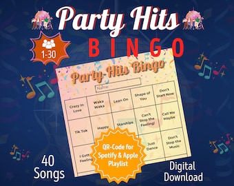 Party Hits Bingo | Printable Music Game for 1-30 Players | Perfect for Birthdays, Bachelorette Parties & Fun Adult Party Entertainment