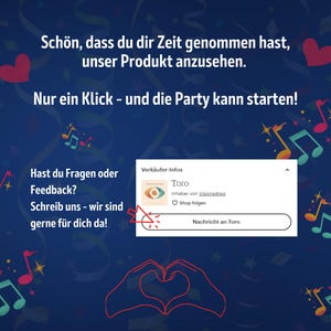 Abschlussbild für das Deutsch Pop Hits Bingo Listing. Danksagung an Kund:innen für ihr Interesse, mit dem Hinweis, dass nur ein Klick zur Party fehlt. Zeigt eine Nachricht-Option an den Verkäufer „Visions4two“ auf Etsy. Illustration mit Herzhand-Geste und Musiknoten. Hinweis zur Kontaktaufnahme bei Fragen oder Feedback. Perfekt für die Kundenbindung und Abschluss des Etsy-Listings für digitale Musikspiele.