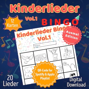 Children&#39;s Song Bingo with 24 Coloring Pictures | Indoor Birthday Party Game | Preschool and Daycare Activity | Educational Game for Kids