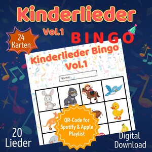 Bingo de chansons pour enfants avec 24 cartes | Jeu éducatif et interactif pour enfants | Chansons de mouvement, jeux de groupe pour la garderie, la garderie périscolaire et les anniversaires d&#39;enfants