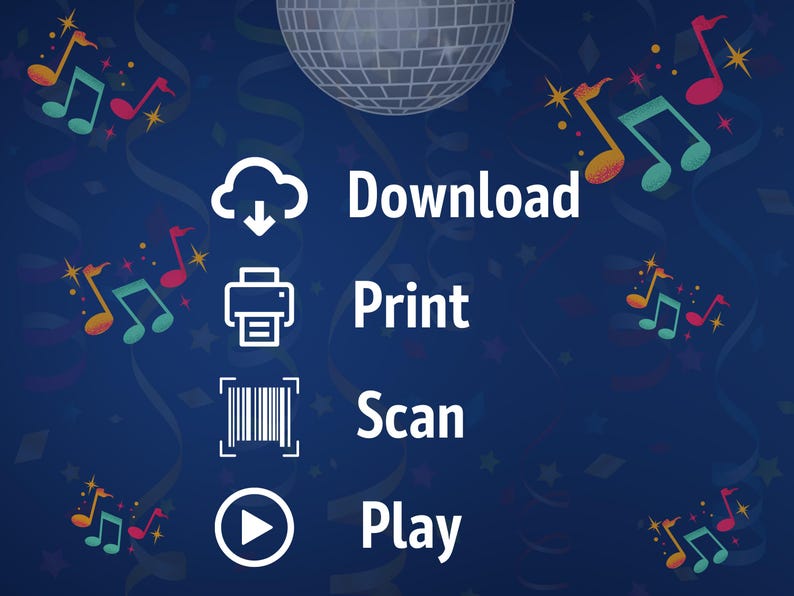 Italo Schlager & Pop Bingo erklärt in vier Schritten: Download, Ausdrucken, QR-Code scannen und spielen. Digitales PDF-Spiel mit 16 Bingo-Karten, Playlist mit 40 italienischen Liedern, Anleitung und Urkunde. Sofort herunterladen und direkt loslegen – perfekt für Partys, Geburtstage, JGA oder gesellige Abende mit Freunden.