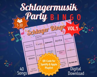 Schlager Music Party Bingo | Fun Drinking Game for Birthday and Bachelorette | PDF Game to Download & Print | Spotify Playlist | 30 Players