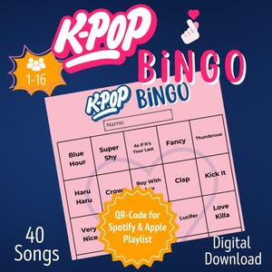 Bingo K-Pop 1-16 personas | Juego de fiesta K-Pop Fan Bingo | imprescindibles del k-pop | Juego de bingo musical | Juegos para imprimir PDF | Juegos de KPop
