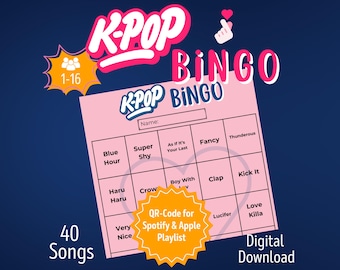 K-Pop Bingo 1-16 osób | Gra towarzyska K-Pop Fan Bingo | K-popowe must have | Muzyczna gra Bingo | Gry do druku PDF | Gry KPopowe