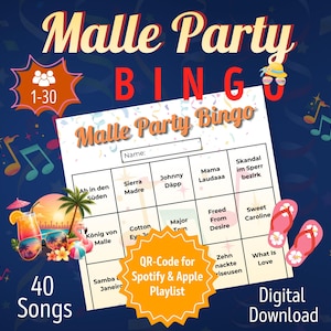 May include: A Malle Party Bingo game card featuring a grid of song titles, a name field, and a central orange starburst graphic with text reading QR-Code for Spotify & Apple Playlist. The design includes tropical icons like a cocktail, palm tree, and flip-flops.