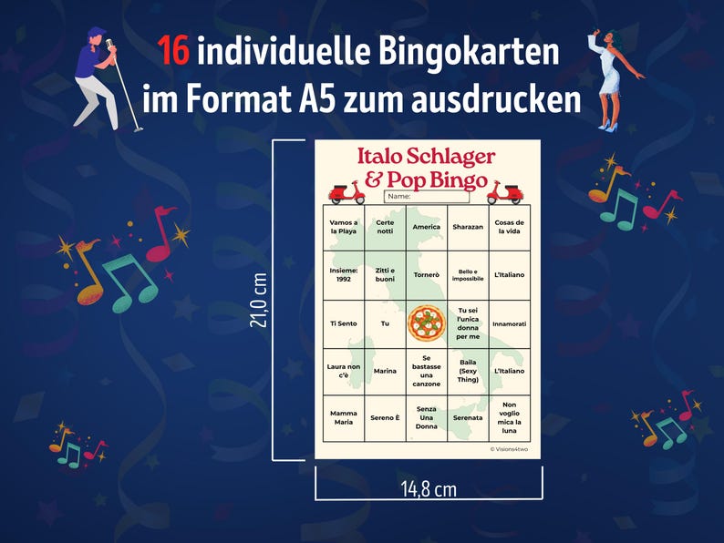 Italo Schlager & Pop Bingo mit 16 individuellen Bingo-Karten im A5-Format zum Ausdrucken. Jede Karte zeigt bekannte italienische Lieder wie Ci sarà, Marina oder Azzurro. Digitaler Download im PDF-Format, leicht zu drucken in Farbe oder Schwarz-Weiß. Perfektes Partyspiel für Geburtstage, JGA, Familienabende oder als musikalisches Trinkspiel.