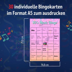 May include: A pink and blue bingo card with the title "80's Music Bingo". The card has a 5x5 grid with various 80's music song titles and artists. The card measures 8.6 inches by 11.7 inches.