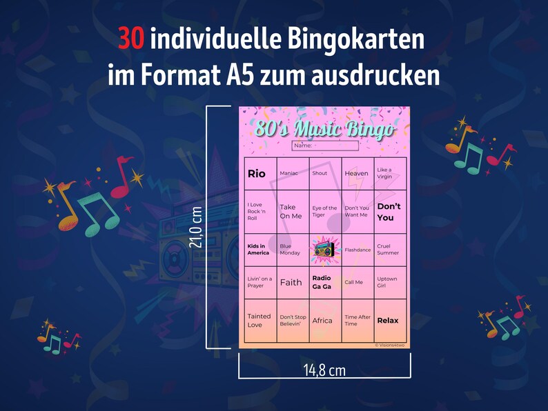 May include: A pink and blue bingo card with the title "80's Music Bingo". The card has a 5x5 grid with various 80's music song titles and artists. The card measures 8.6 inches by 11.7 inches.