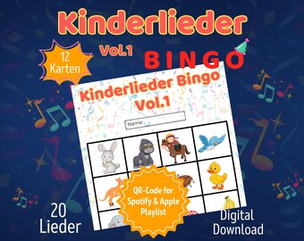 German Kids Songs Bingo with 12 Cards | Educational and Interactive Game for Kids | Group Games for Preschool, Daycare and Birthdays