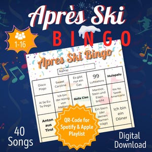 Bingo para fiesta después de esquiar 1-16 personas | Juegos de fiesta bingo para adultos | Bingo musical alemán | Despedida de soltero | juegos de fiesta de cumpleaños