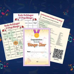 Komplettes Set Italo Schlager & Pop Bingo: 16 Bingo-Karten, Spielanleitung mit Regeln und QR-Codes für Spotify & Apple Music sowie eine Siegerurkunde für den Bingo-Star. Sofortiger PDF-Download, einfach ausdrucken und spielen. Mit 40 beliebten italienischen Liedern, ideal für Geburtstage, Feiern, JGA und gesellige Abende.