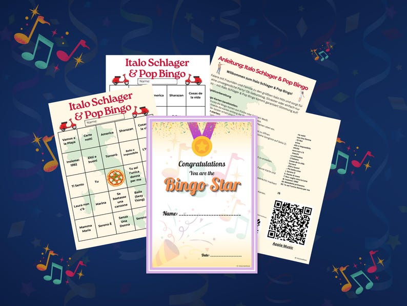Komplettes Set Italo Schlager & Pop Bingo: 16 Bingo-Karten, Spielanleitung mit Regeln und QR-Codes für Spotify & Apple Music sowie eine Siegerurkunde für den Bingo-Star. Sofortiger PDF-Download, einfach ausdrucken und spielen. Mit 40 beliebten italienischen Liedern, ideal für Geburtstage, Feiern, JGA und gesellige Abende.
