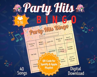 Party Hits Bingo 1-16 Personen | Partyspiele Erwachsene Bingo | Musik Bingo deutsch | Junggesellenabschied Frau | Partyspiele zum Geburtstag