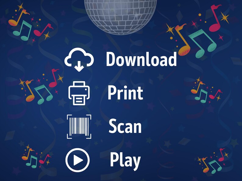 Schritt-für-Schritt-Anleitung für das Deutsch Pop Hits Bingo: Download, Ausdrucken, QR-Code scannen und spielen. Einfaches Musik-Bingo-Spiel für Erwachsene, perfekt für Partys, Geburtstage oder JGA. Das digitale Produkt enthält Bingo-Karten mit deutschen Pop-Hits, Anleitung und Playlist-Link. Ideal für Karaoke-Abende oder Spielrunden mit Spotify oder Apple Music.