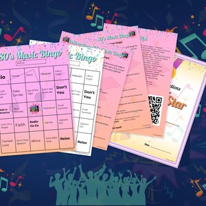 May include: A pink and blue 80's music bingo card with a list of popular songs from the 1980s. The card has a free space in the center and is surrounded by a pink and white confetti border.