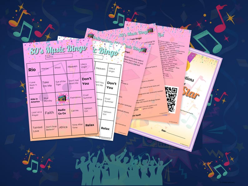 May include: A pink and blue 80's music bingo card with a list of popular songs from the 1980s. The card has a free space in the center and is surrounded by a pink and white confetti border.