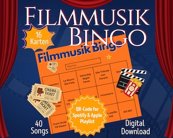 Bingo z muzyką filmową | Gry urodzinowe dla gości | Gra na wieczór kawalerski/panieński dla dorosłych | Bingo muzyczne do pobrania | Gra alkoholowa | 16 graczy
