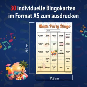 May include: A printable A5 bingo card titled Malle Party Bingo with a 5x5 grid of song titles. The card measures 21.0 cm by 14.8 cm. The design features a tropical sunset, palm tree, cocktail, and sunglasses. The text is in German.