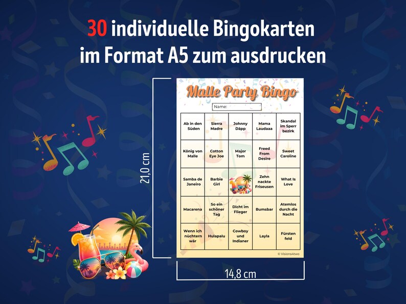 May include: A printable A5 bingo card titled Malle Party Bingo with a 5x5 grid of song titles. The card measures 21.0 cm by 14.8 cm. The design features a tropical sunset, palm tree, cocktail, and sunglasses. The text is in German.