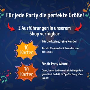 Größenvergleich für das Deutsch Pop Hits Bingo – erhältlich mit 16 oder 30 Karten. Die Variante mit 16 Karten ist ideal für kleine Gruppen, Familien oder Freunde. Die Version mit 30 Karten eignet sich perfekt für größere Feiern, laute Partyrunden und Junggesellenabschiede. Zwei Ausführungen im Shop verfügbar. Digitales Musik-Bingo-Spiel mit deutschen Pop-Hits, ideal für Geburtstage, JGA und Karaoke-Partys.