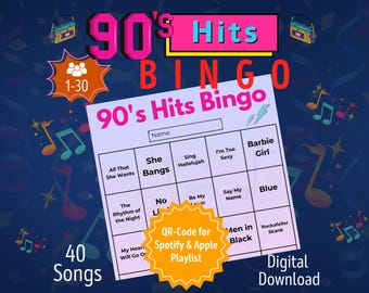 90's Hits Bingo 1-30 People | Party Games for Adults Bingo | Music Bingo German | Bachelorette Party Women | Printable Games PDF
