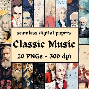 May include: A digital paper collection showcasing portraits of classical composers and musical scores. The image includes the text "seamless digital papers" and "Classic Music" with "20 PNGs - 300 dpi". The color scheme features blues, reds, and beige tones.