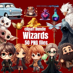 Lot de 50 cliparts du monde sorcier pour marqueurs de livres, aimants, scrapbooking, projets de bricolage et modèles de t-shirts