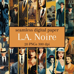 Piastrelle senza giunture L.A. Noire 300 dpi, ideali per carta da parati, carta da imballaggio, design di tumbler, scrapbooking, web design. Arte investigativa