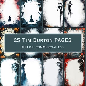 25 pagine bianche con estetica Tim Burton - La sposa cadavere, Alice nel paese delle meraviglie, Johnny Jack Skellington Kit diario stampabile, Scrapbooking
