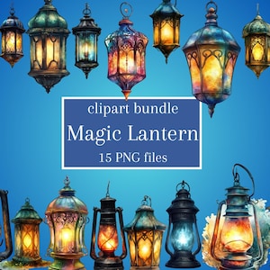 May include: A digital clipart bundle of 15 colorful, ornate, magic lantern illustrations. The lanterns are in various shapes and sizes, with intricate details and glowing lights. The lanterns are perfect for adding a touch of magic to your digital projects.