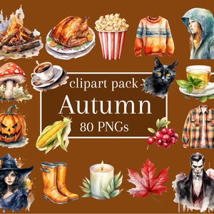Herbst Bundle 80 Clipart Bilder: Halloween, Thanksgiving und gemütliche Motive für Instagram Post und Story, Flatlay Icons, Webdesigns, Aufkleber