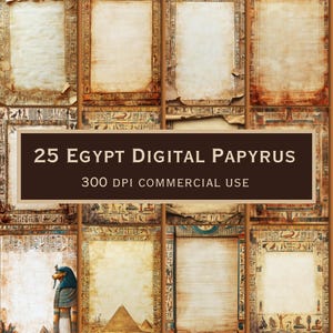 May include: A set of 25 digital paper backgrounds featuring an Egyptian papyrus theme. The papers are beige with brown hieroglyphic borders and are 300 DPI for commercial use.