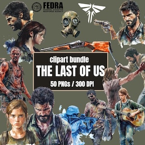 Last of Us clipartbundel – aquarelfanart geïnspireerd door game, gamingdecor posterstickers, scrapbooking en doe-het-zelf-png’s, 300 dpi – Joel, Ellie