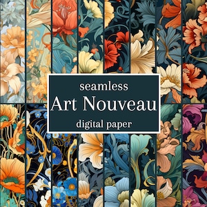 May include: A collection of seamless Art Nouveau digital paper designs. The patterns feature stylized floral and botanical elements in shades of orange, yellow, blue, and green against a dark background. The text "seamless Art Nouveau digital paper" is displayed.