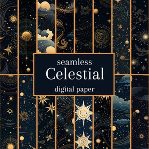 Celestial 20 Seamless Pattern Digital Papers: Sterne, Monde und Sonnen ideal für Geschenkpapier, Decken, Bettwäsche, Tapeten