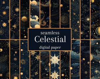 Peut inclure: Un ensemble de 12 papiers numériques avec des motifs sans couture d'objets célestes, y compris des étoiles, des lunes et des planètes, en or et blanc sur un fond bleu foncé. Le texte "seamless Celestial digital paper" est affiché au centre de l'image.