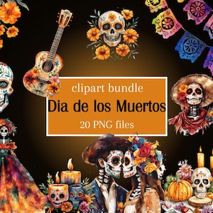 Día de los Muertos Clipart / Calavera de Azúcar, Catrina, Caléndulas y Ofrendas / PNG Digital Festivo para Manualidades, Diseño Web, Proyecto DIY, Álbum de Recortes