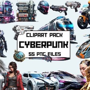 May include: A clipart pack of 55 cyberpunk themed PNG files. The pack includes futuristic buildings, vehicles, weapons, characters, and accessories. The text "CLIPART PACK CYBERPUNK 55 PNG FILES" is displayed in a black banner.