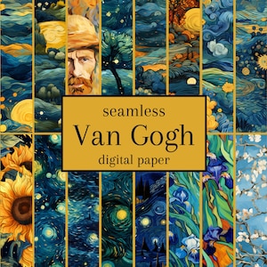 May include: A digital paper pack featuring 12 seamless patterns inspired by the artwork of Vincent van Gogh. The patterns include iconic images like sunflowers, starry nights, and irises in a vibrant blue, yellow, and green color palette.