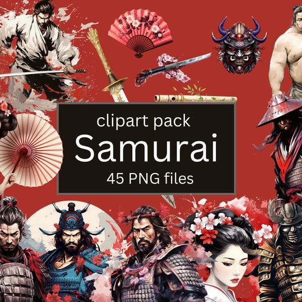 45 Samurai clipart bundel ideaal voor boekenleggers, magneten, scrapbooking, doe-het-zelf-projecten en ambachten, T-shirt design - Shogun, geisha, sumo