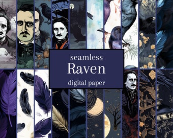 May include: A digital paper pack with 12 seamless patterns featuring ravens, feathers, and a portrait of Edgar Allan Poe. The patterns are in shades of black, white, blue, and gold.