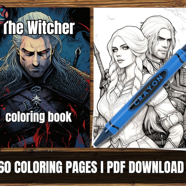 The Witcher coloring book for adults plus 6 free posters for witcher 3 wild hunt game and books fans, 60 coloring pages of Geralt, Ciri etc