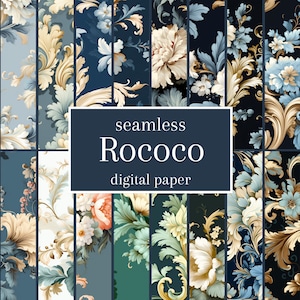 以下が含まれることがあります： ロココ様式のシームレスなパターンを特徴とする12種類のデジタルペーパーのセット。パターンは、青、金、白の色合いの花柄とスクロールデザインがミックスされています。