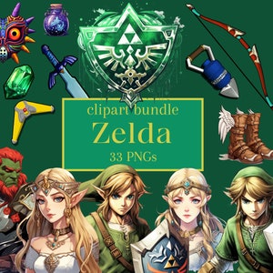 Legend of Zelda-clipartbundel voor decoratie gamingkamer, stickers, plakboek, doe-het-zelfproject - Link, Zelda, Ganondorf, Epona, Triforce