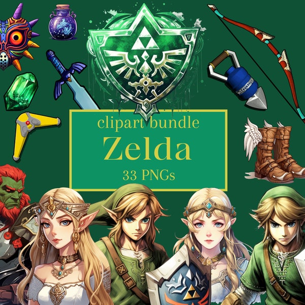 Lot de cliparts Legend of Zelda pour décoration de salle de jeu, autocollants, album de coupures, projet de bricolage - Link, Zelda, Ganondorf, Epona, Triforce