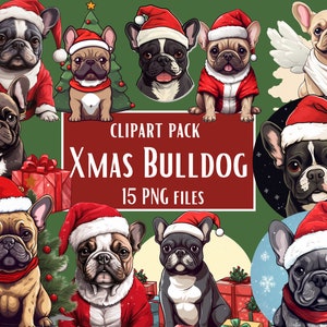 15 Süße weihnachtliche Französische Bulldoggen-Cliparts für Aufkleber, Illustrationen und Webdesign, DIY-Projekt in minimaler Vektorkunst für den kommerziellen Gebrauch